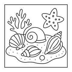 Cartoon Sea Shells with Coral – Cute Underwater Marine Life Line Art for Printable Coloring Pages