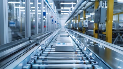 Obraz premium Automated conveyor belt system transporting packaged goods in a modern manufacturing facility