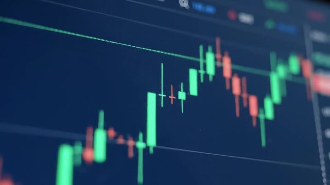 Close-up of a candlestick chart showing stock market trends and financial data analysis for investment and trading. - Powered by Adobe