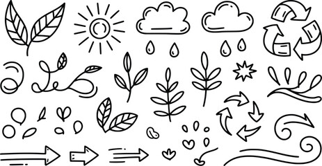 Hand drawn eco friendly symbols and nature elements collection