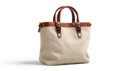 Light beige canvas tote bag with brown leather accents