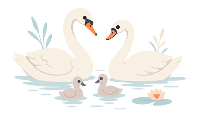 Obraz premium A pair of adult swans glide gracefully across the water, closely followed by their two fluffy cygnets. Wild birds. Vector flat illustration