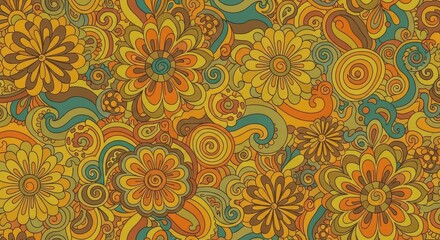 Groovy Retro 1970s Floral Swirl Psychedelic Shape Seamless Pattern for Decor