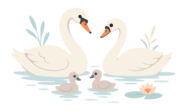 A pair of adult swans glide gracefully across the water, closely followed by their two fluffy cygnets. Wild birds. Vector flat illustration