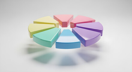 Obraz premium Exploded 3D pie chart with eight equal separated segments in soft pastel rainbow colors.