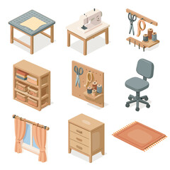 Rug tools sewing unit storage rolling drawer window vector essentials icon room