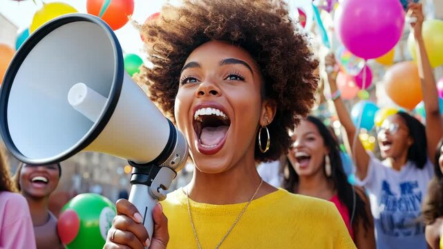 Vibrant celebration with joyful crowd cheering and colorful balloons