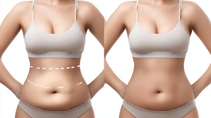 Before and after image of a woman's abdomen, highlighting weight loss and body transformation.