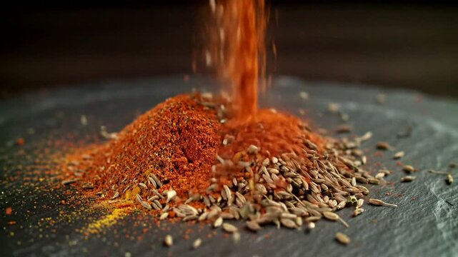 Colorful spices are poured together, showcasing vibrant textures and fresh flavors of culinary delights.