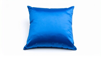 Square-shaped pillow with a bright blue satin or silk cover, placed on a plain white background,