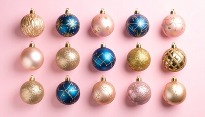 Fifteen decorative spherical ornaments arranged in a grid on a pink background