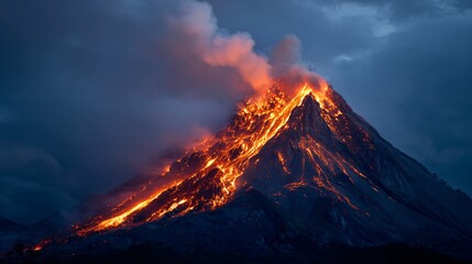 Fototapeta premium Fiery erupting volcano with lava explosion and smoke dramatic natural disaster geology hot mountain danger photography concept