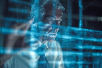 Focused senior businessman analyzing complex data streams in futuristic digital environment