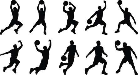 Dynamic basketball player silhouettes in action poses