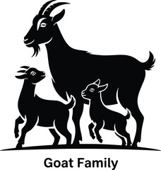 Black silhouette of a goat family with two young goats