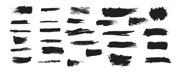 Big collection of black paint, ink brush strokes, brushes, lines, texture, banner grungy. Artistic design element, paint smear, ink splatter, creative graphic element. Vector set.