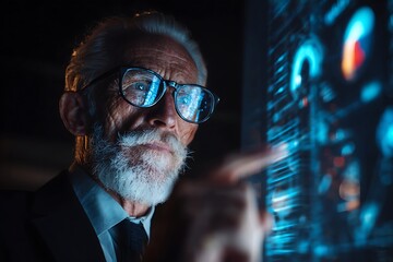 Experienced businessman analyzes complex data on futuristic interactive screen, seeking insights and innovation.