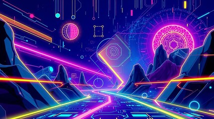 An abstract cyberspace pattern of binary code, fractal math, and circuit design creates a digital technology backdrop