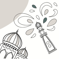 Stylized line art illustration of an Islamic mosque and minaret with muted color accents.
