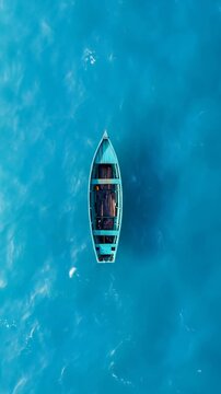 Aerial View of a Small Wooden Boat Floating Alone on a Calm, Turquoise Ocean