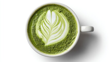Top view of matcha latte in white mug.  Foamed milk art