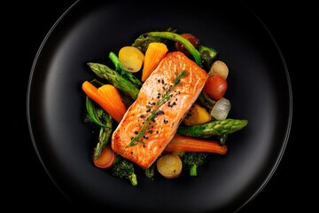 Pan-seared salmon fillet with assorted vegetables on black plate