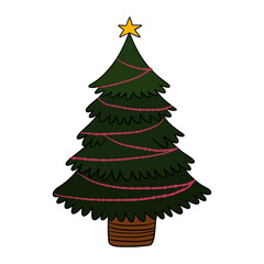 Christmas tree decorated with ornaments, baubles, ribbons, and shining star. Cozy holiday illustration winter celebration, New Year greeting cards, seasonal design, and festive decoration