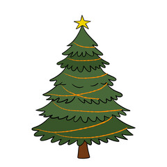 Christmas tree decorated with ornaments, baubles, ribbons, and shining star. Cozy holiday illustration winter celebration, New Year greeting cards, seasonal design, and festive decoration