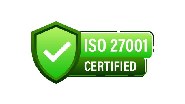 ISO 27001 and CE Certified Symbol Animation on White and Blue Background