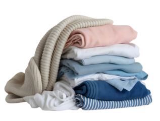A pile  of clean folded laundry clothes, clean laundry 