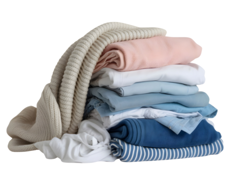 A pile  of clean folded laundry clothes, clean laundry 