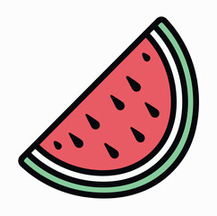 Vector illustration of a watermelon slice with bright red pulp, black seeds, and green rind outlined in bold lines. Simple flat style design ideal for icons, stickers, summer themes, food graphics.