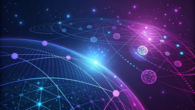 Glowing stars and digital networks illuminate the futuristic blue design of a technological globe in space, a concept of global energy and scientific connection