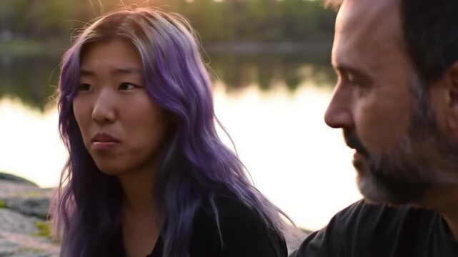 Teen girl with purple hair engaging in a heartfelt conversation outdoors