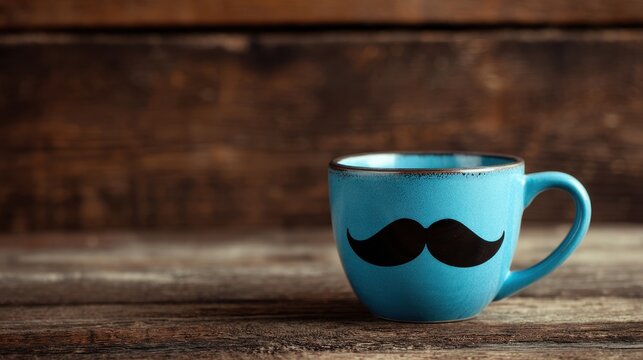 Blue coffee mug with a black mustache design on a wooden surface - Powered by Adobe