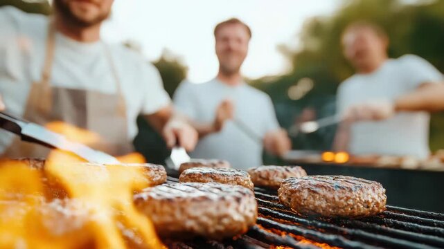 Friends grilling juicy burgers outdoors with flames and laughter in summer gathering