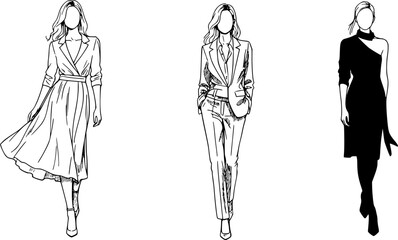 Silhouette of fashionable women silhouette set on white background
