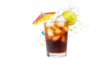Refreshing iced cola with lime and festive umbrella, perfect for summer celebrations and vibrant parties.