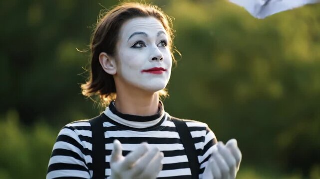 mime artist releases origami bird outdoors