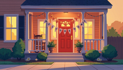 Cozy porch with "Welcome Home" banner at sunset