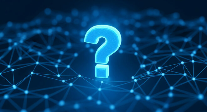 Glowing blue question mark on digital network background, symbolizing inquiry, problem-solving, or tech support - Powered by Adobe