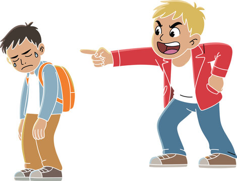 Cartoon bullying scene vector illustration, angry boy yelling at crying student with backpack, emotional school conflict, anti-bullying education concept.