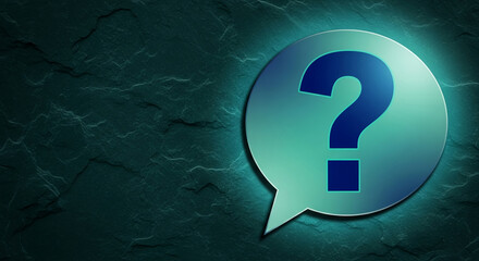 Teal speech bubble with dark-blue question mark on dark-teal stone texture background, suggesting inquiry, doubt, or need for information, ideal for FAQ pages or help sections