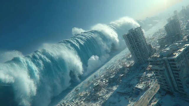 Massive Tsunami Wave Crushing Coastal City Buildings