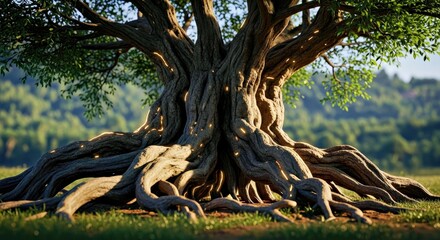 Obraz premium Mysterious Ancient Tree of Life Close up Cinematic Backlit Leading Lines Mystical Art