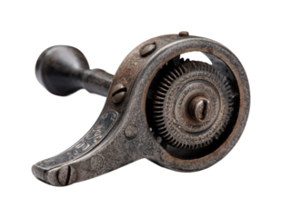 Antique hand crank gear mechanism workshop product industrial vintage design isolated on transparent background, png