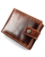 Brown leather bi-fold wallet, top view