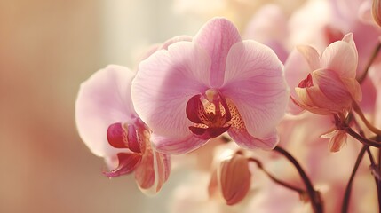 Close-up of delicate pink orchids, showcasing soft pastel shades and intricate details of the petals and blossoms.