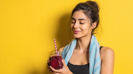 Young Woman Holding Red Juice and Beetroot – Fresh Healthy Lifestyle Portrait on Yellow Background