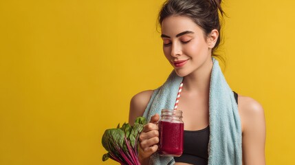 Smiling Young Woman with Mason Jar Red Juice and Beetroot – Bright Healthy Drink Photo